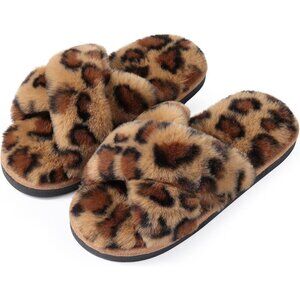 👑Women's Leopard Brown Classic Fuzzy Cross Band Memory Foam Open Toe Slippers